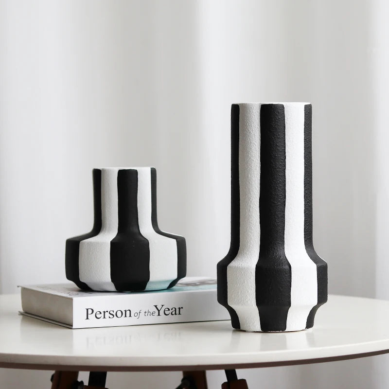 black and white striped ceramic vase