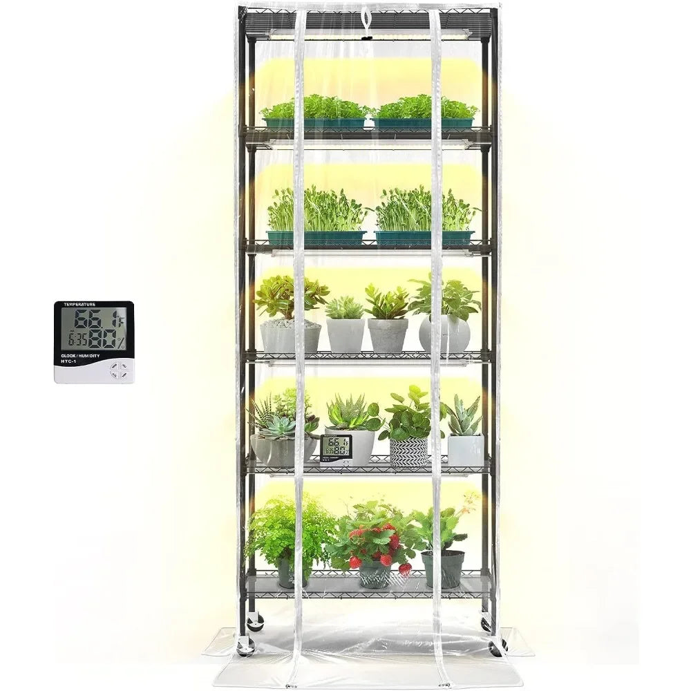 plant shelf with led grow light and thermometer