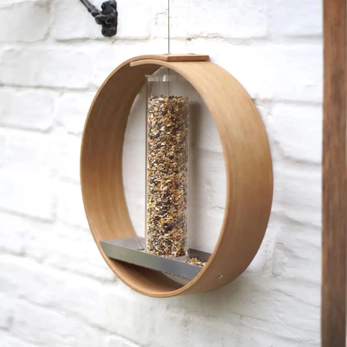 wooden circular hanging bird feeder